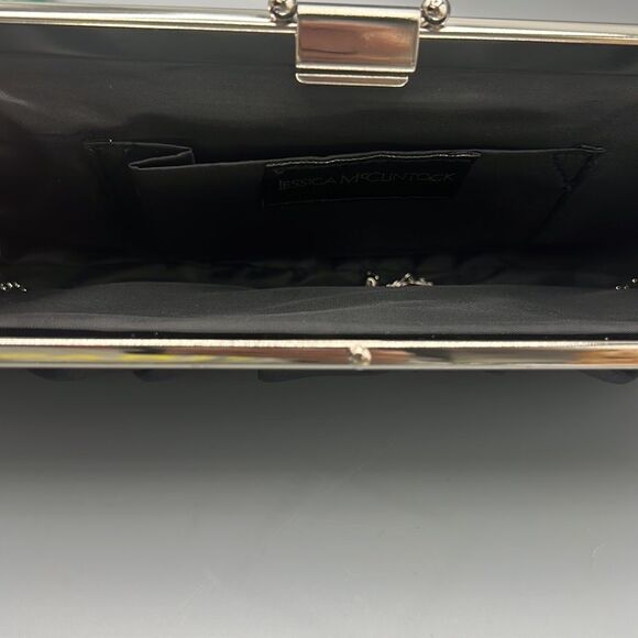 Jessica McClintock Satin Black Frame Clutch with Silver Shoulder Chain - Picture 5 of 7